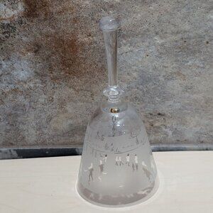 Vintage Crystal Glass Bell Frosted Winter Scene Ice Skaters Hockey Player